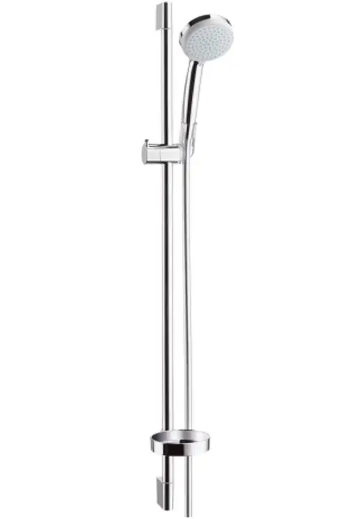 Hansgrohe Brauseset mit einem verchromten Halter, einer Handbrause und einer Seifenschale. Die Brausestange hat eine klare, schlanke Form.